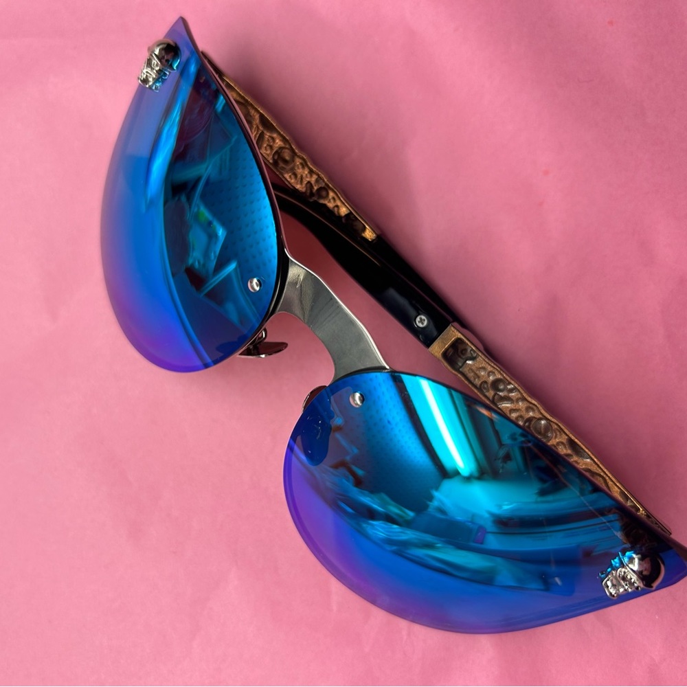 Blue Skull charm rimless cateye sunglasses big oversized metal mullisha punk
